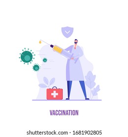 Medical worker or doctor vaccinating against virus in clinic. Time to vaccinate. Concept of vaccine, coronavirus, vaccination, immunization, covid-19. Vector illustration in flat design