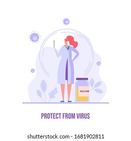 Medical worker or doctor vaccinating against virus in clinic. Protect from virus. Concept of vaccine, coronavirus, vaccination, immunization, covid-19. Vector illustration in flat design