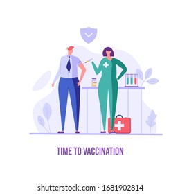 Medical worker or doctor vaccinating patient in clinic. Protect from virus. Concept of vaccine, coronavirus, vaccination, immunization, covid-19. Vector illustration in flat design