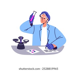 Trabajador médico hace investigación de muestras en laboratorio farmacéutico. El médico sostiene un tubo con remedio en la mano, según estudios. Científico descubre en laboratorio. Ilustración vectorial aislada plana sobre fondo blanco