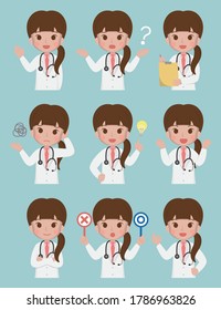 Medical worker, female doctor, medical, medical staff, isolated on background, flat cartoon comic vector illustration, emoticon, action, set