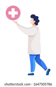 Medical worker and first aid sign with cross isolated practitioner in flat style. Vector illustration of health care symbol, practitioner or medical laboratory worker pointing on medicine emblem