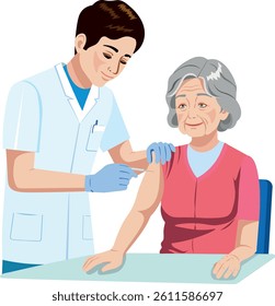 Medical worker giving an injection vaccination to an elderly woman in the arm Young doctor carefully looking at the old woman Cartoon style illustration. Vector