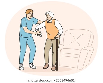 Medical worker helps sick pensioner get out of chair and walk around room or go outside. Providing assistance or support to pensioner after retirement and volunteer work in nursing home