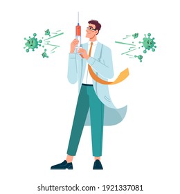 Medical worker holding vaccine against coronavirus, doctor with syringe ready to give vaccination to patients suffering from coronavirus. Healthcare and epidemic. Cartoon character, vector in flat
