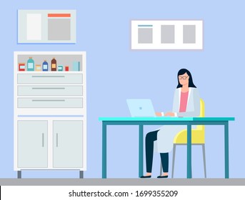 Medical worker in hospital laboratory working on computer vector, person giving diagnostics online. Cabinet with medicine and drugs for patients flat style