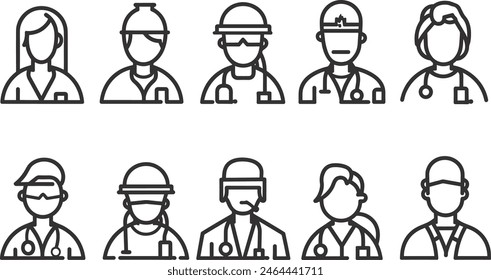 Medical worker icon set, Healthcare, Medicine, Stethoscope, Hospital, Doctor,  line art vector illustration, modern line art.