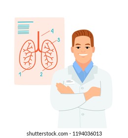 Medical worker with infographics - working process, vector illustration.