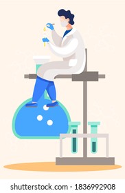 Medical worker in lab. Man in white coat and mask work with a microscope and a test tube, virologists, chemical researcher with laboratory equipment. Illustration of science experiment with vaccine