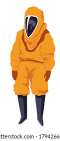 Medical worker or laboratory assistant wearing hazmat suit protection from viruses, bacteria and harmful substances. Protective costumes used in fight against coronavirus, vector in flat style