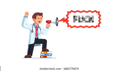 Medical worker man cursing yelling holding bullhorn protesting. Physician doctor protester shaking fist shouting trough hailer. Flat vector character illustration