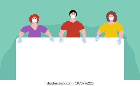 Medical worker in mask and gloves with a blank poster. Fighting Coronavirus, COVID-19 Pandemic. Flat style art vector illustration. Post your own text template.