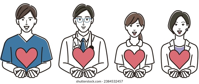 Medical worker men and women with hearts