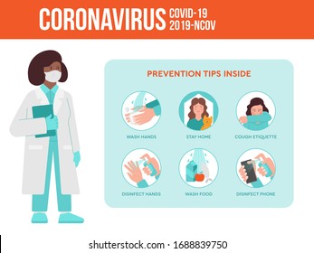 Medical worker, nurse give a preventions tips of coronavirus quarantine pandemic situation for the people inside house. Covid-19, 2019-nCoV virus set infographic instruction. Flat design illustration.