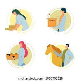 Medical Worker, Nurse Holding Towel Pile. Person in Robe Carrying Hive with Bee. Girl with Mud Mixture in Box. Man Taking Care of Animal, Petting Horse. Staff Character Flat Cartoon Vector Illustration.