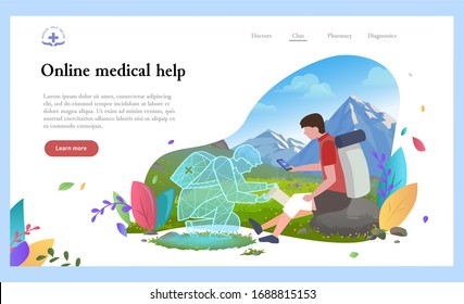 Medical worker online helping hiking man, person with injured knee in mountains. Patient with smartphone help online first aid consultation. Holographic projection of doctor. Landscape with greenery