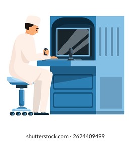 Medical worker operating a big medical machine with control panel and computer