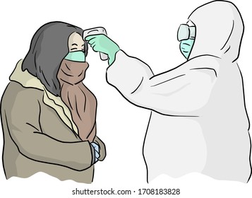 Medical worker in PPE suit scanning woman with infrared thermometer vector illustration sketch doodle hand drawn isolated on white background