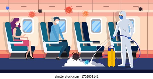 Medical worker in protective suit clean and disinfect the airplane with passengers from coronavirus infection. Health risk concept flat vector illustration