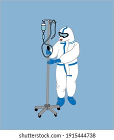 A medical worker in a protective suit prepares an IV, a colored flat icon. The coronavirus pandemic. vector illustration of the doctor.