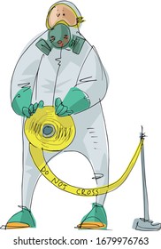 A medical worker in protective suit unrols yellow stripe to limit access to contaminated area. Cartoon. Sketch.