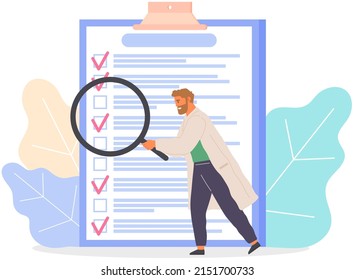 Medical worker or researcher holding document list. Scientist with standing near clipboard with data on paper sheet. Male character or chemistry student. Research into scientific project concept