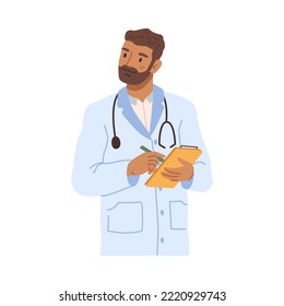 Medical worker with stethoscopes writing down prescriptions or patients symptoms. Isolated doctor or practitioner. Flat cartoon character, vector in flat style