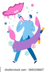 Medical worker with syringe giving shot, prescriptions of doctor. Male character using vaccine to cope with diseases, illness or sickness. Prevention of coronavirus. Scientists research vector
