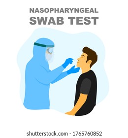 Medical worker taking corona virus medical check, nasopharyngeal swab test using personal protective equipment vector illustration.