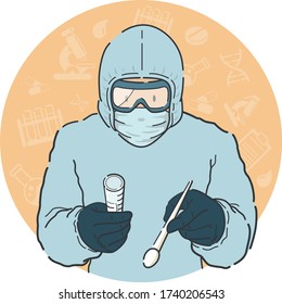 Medical worker taking swab test sample in front view wearing personal protective gears suit mask gloves for healthcare paramedic doctor