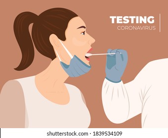 Medical worker test coronavirus to woman by throat swab. Patient receiving a coronavirus test. Medical staff testing woman by mouth for Covid-19 test.Vector illustration. Patient being tested infectin