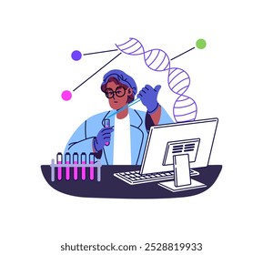 Trabajador médico en espiral de análisis de ADN uniforme en laboratorio químico. Científico hace investigación científica, pruebas en laboratorio científico. El químico trabaja con tubos. Ilustración vectorial aislada plana en blanco