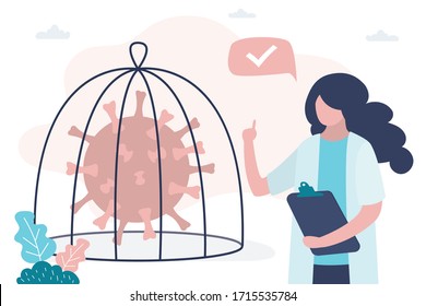 Medical worker in uniform and coronavirus in cage. Stop spread of coronavirus and disease. Victory over the viral infection. Health care concept. Global pandemic Covid-19. Trendy Vector illustration