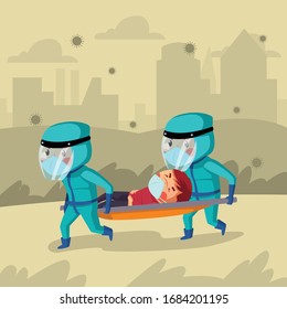 Medical worker wear hazmat suit is carrying covid19 patient vector illustration
