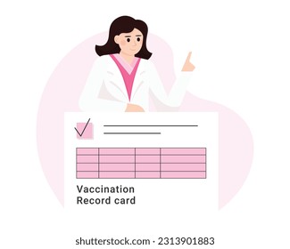 Medical worker in white coat standing near vaccination record card for people. Boosting immune system health. Flu, influenza or coronavirus protection. Vector illustration in flat design