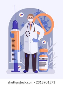 Medical worker in white protective coat and mask standing near big syringe and jar with vaccine in hospital. Disease prevention and virus protection concept. Vector illustration in cartoon style