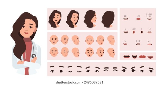 Medical worker woman doctor avatar creation suitable for animation. Generator, constructor of diverse eyes, lips, emotion expressions mouth animation and lip sync. Female character face construction.