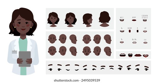 Medical worker woman doctor avatar creation suitable for animation. Generator, constructor of diverse eyes, lips, emotion expressions mouth animation and lip sync. Female character face construction.