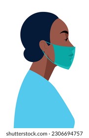 Medical worker. Young calm woman in medical uniform, medicine mask on face. Minimalist portrait of calm confident nurse. Ethnicity African American. Vector illustration of female, isolated.