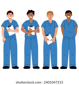 Medical workers in blue uniforms with documents, smiling. Nurses, a doctor. Medical uniform. A group of various nurses in uniform, with full-length documents is highlighted on a white background.