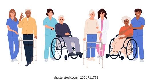 Medical workers cares for the elderly. Elderly people with crutches, canes, walkers and wheelchairs. Vector illustration in flat cartoon style