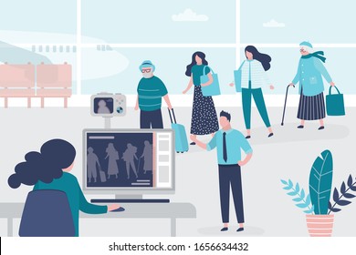 Medical workers checks the body temperature of passengers at airport terminal. Staff in uniform. Public safety concept. Quarantine and virus protection. Trendy style vector illustration