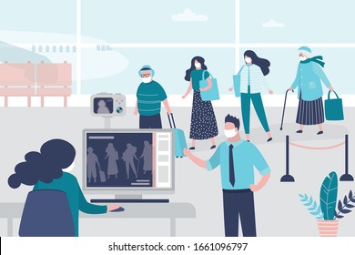 Medical Workers Checks The Body Temperature Of Passengers At Airport Terminal. Staff In Uniform And Masks. Public Safety Concept. Quarantine And Virus Protection.Trendy Style Vector Illustration