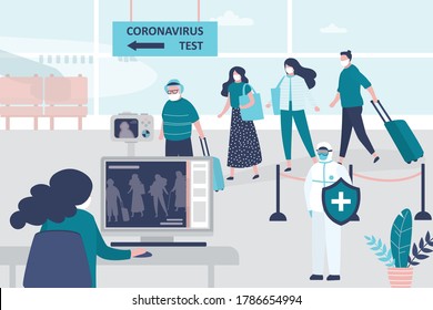 Medical workers checks body temperature of passengers at airport terminal. Staff in uniform and masks. Public safety concept. Virus prevention, coronavirus test in terminal. Flat vector illustration