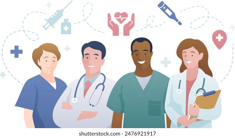 Ilustración de infografía de Vector de color de trabajadores médicos. Doctor y enfermera con iconos aislados sobre fondo blanco. Concepto de Anuncio de atención médica. Amable, terapeuta sonriente y cuidador.