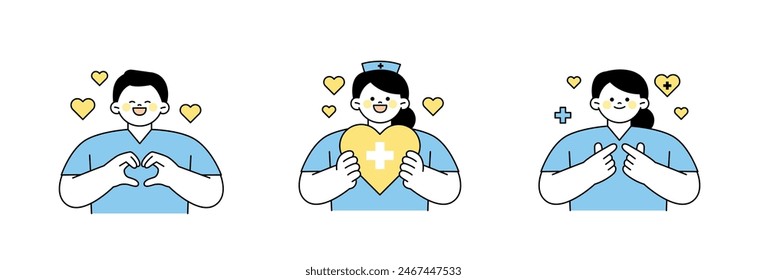 Los trabajadores médicos transmiten su amor con los corazones de los dedos. Ilustración vectorial de contorno simple.