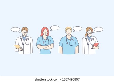 Medical workers doctors communication concept. Young medical staff people cartoon characters standing and talking with speech bubbles vector illustration. Doctor, surgeon, physician, paramedic, nurse