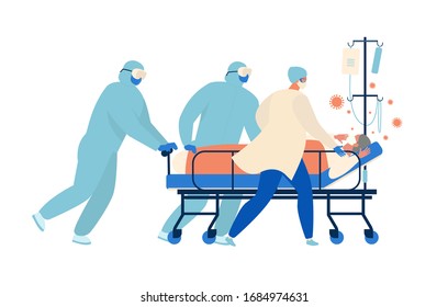 Medical workers, doctors and a nurse are running for a stretcher with an elderly patient in intensive care Resuscitation. Concept of coronavirus quarantine vector illustration.