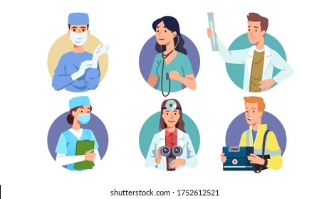 Medical workers & doctors professions set. Surgeon, therapist, physician, general practitioner, radiologist, nurse, oculist, emergency paramedic. Health care professionals. Flat vector illustration