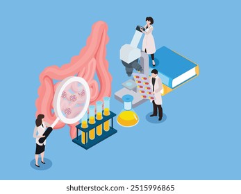 Medical workers gives pills and treats internal organs. Proctology, prescription of treatment 3d isometric vector illustration